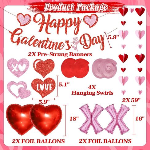 Pre-Strung Happy Galentines Day Banner Decorations, No DIY Galentines Decorations Red Pink Glitter Galentines Banner Sign Garland Hanging Swirls Balloons Ladies Girls Galentine’s Day Party Supplies in Saudi Arabia