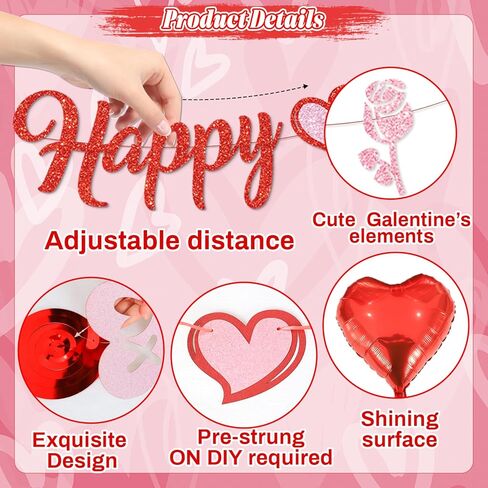 Pre-Strung Happy Galentines Day Banner Decorations, No DIY Galentines Decorations Red Pink Glitter Galentines Banner Sign Garland Hanging Swirls Balloons Ladies Girls Galentine’s Day Party Supplies in Saudi Arabia