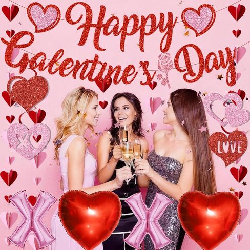 Pre-Strung Happy Galentines Day Banner Decorations, No DIY Galentines Decorations Red Pink Glitter Galentines Banner Sign Garland Hanging Swirls Balloons Ladies Girls Galentine’s Day Party Supplies in Saudi Arabia