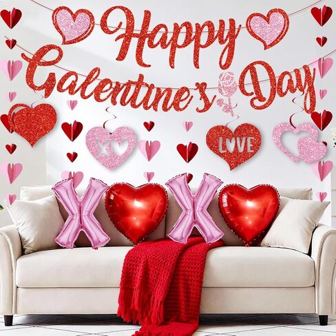 Pre-Strung Happy Galentines Day Banner Decorations, No DIY Galentines Decorations Red Pink Glitter Galentines Banner Sign Garland Hanging Swirls Balloons Ladies Girls Galentine’s Day Party Supplies in Saudi Arabia