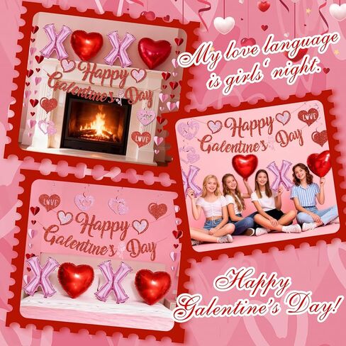 Pre-Strung Happy Galentines Day Banner Decorations, No DIY Galentines Decorations Red Pink Glitter Galentines Banner Sign Garland Hanging Swirls Balloons Ladies Girls Galentine’s Day Party Supplies in Saudi Arabia