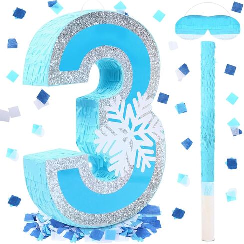 Number 3 Piñata with Stick Blindfold Confetti, Blue Piñata for Winter Ice Snowflake Princess Birthday Party Anniversary Decorations Supplies in Saudi Arabia