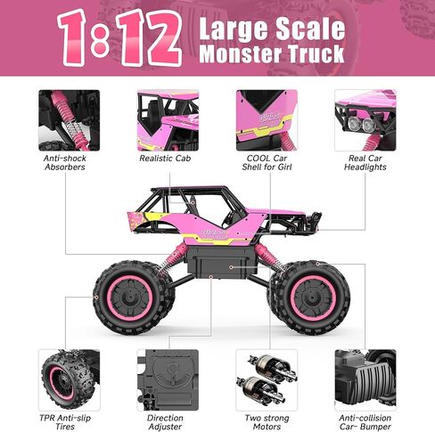 DOUBLE E 1:12 RC Monster Truck - سيارة دفع رباعي للطرق الوعرة تعمل بالتحكم عن بعد مع محركات مزدوجة ومصابيح أمامية in Kuwait