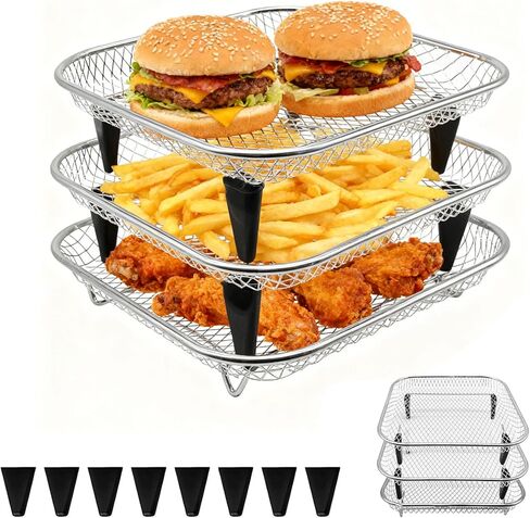 GCQ Air Fryer Rack Set of 3, Square Stackable Dehydrator Racks for Air Fryer & Oven Use, 8x8x1.7 Inch Food Grade Stainless Steel Grid, Compatible with Air Fryers Inner Size ≥8.7 Inch in Saudi Arabia