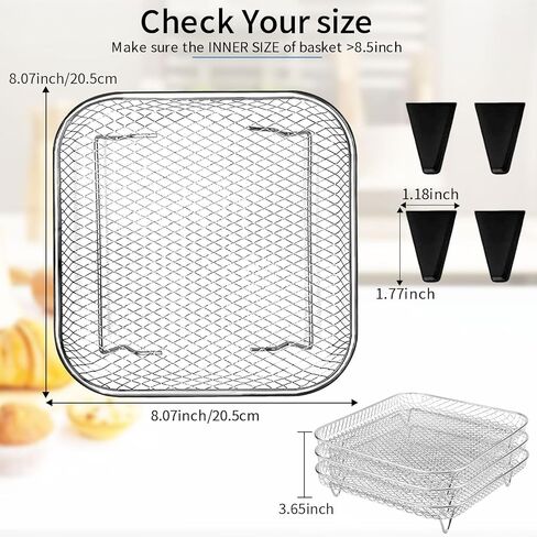 GCQ Air Fryer Rack Set of 3, Square Stackable Dehydrator Racks for Air Fryer & Oven Use, 8x8x1.7 Inch Food Grade Stainless Steel Grid, Compatible with Air Fryers Inner Size ≥8.7 Inch in Saudi Arabia