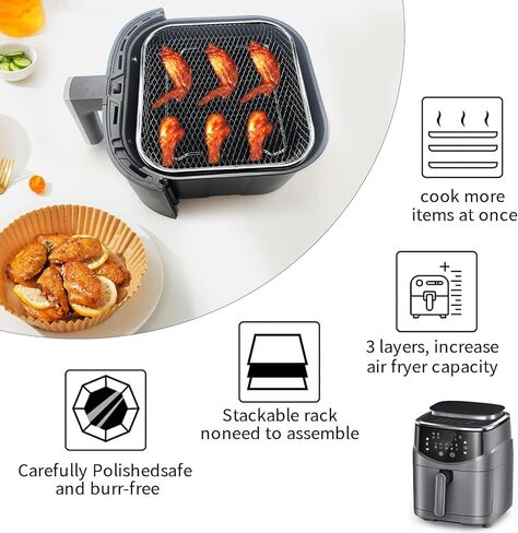 GCQ Air Fryer Rack Set of 3, Square Stackable Dehydrator Racks for Air Fryer & Oven Use, 8x8x1.7 Inch Food Grade Stainless Steel Grid, Compatible with Air Fryers Inner Size ≥8.7 Inch in Saudi Arabia