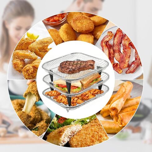 GCQ Air Fryer Rack Set of 3, Square Stackable Dehydrator Racks for Air Fryer & Oven Use, 8x8x1.7 Inch Food Grade Stainless Steel Grid, Compatible with Air Fryers Inner Size ≥8.7 Inch in Saudi Arabia