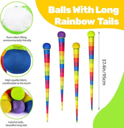 2 Pcs Throw and Catch Balls with Rainbow Tails, Outdoor Toys Bulk Playground Balls for Kids Adults, Physical Equipment Indoor Recess Games for Preschool, Camping Toys, 37" in Saudi Arabia
