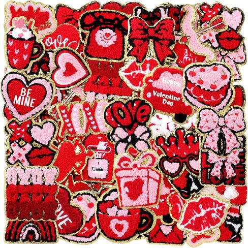 72 Pcs Valentine's Day Chenille Patches Glitter Pink Red Heart Bow Iron on Patches Galentines Appliques Sew on for Hat Backpack Clothes Shirt Jeans DIY Craft Party Favors in Saudi Arabia