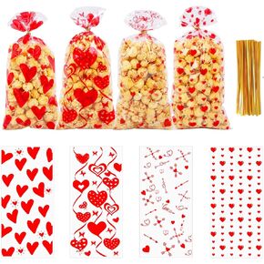 WRSION 120 PCS Valentines Treat Bags, Valentines Gift Bags, Valentine's Day Cellophane Bags, 4 Styles Red Heart Valentines Goodie Bags with 140 PCS Gold Twist Ties for Valentines Party Wedding Favor Supplies - 10.6 x 5.1 Inch in Saudi Arabia