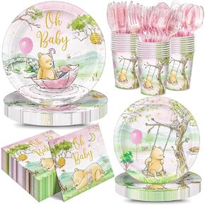 168pcs Classic Winnie Bear Baby Shower Paper Plates Napkin Party Supplies Girl Baby Shower Decorations Disposable Cutlery Tableware Set Serve 24 Guests in Saudi Arabia