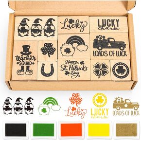 JarThenaAMCS 16 Pcs St. Patrick's Day Wooden Rubber Stamps with Craft Ink Pads Lucky Clover Shamrock Gnome Mixed DIY Craft Stamps for Irish Party Decor Scrapbooking Cards Making in Kuwait
