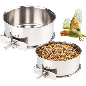 2 حزمة من الفولاذ المقاوم للصدأ وعاء طعام الطيور الصغيرة أكواب طبق تغذية الطيور لقفص وعاء طعام الببغاء مع حامل المشبك للببغاوات والكوكاتيل والحيوانات الصغيرة (M + L) in Kuwait