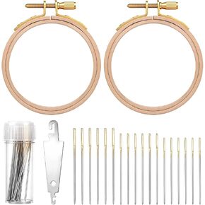 2PCS 3 Inch Wooden Embroidery Hoops, 30PCS 3 Sizes Embroiderys Needles, and 1PCS Needle Threader, Wood Circle Cross Stitch Hoops Ring Small Embroidery Hoop Frame Embroiderys Ring for Art Craft Sewing in Kuwait