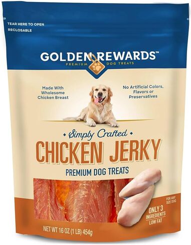 Golden|Rewards Chicken Jerky Dog Treats، كيس 16 أونصة، مصنوع من صدور الدجاج الصحية، قليل الدسم، خالي من الحبوب، بدون ألوان صناعية أو مواد حافظة، وجبة خفيفة ممتازة عالية البروتين للكلاب in Kuwait
