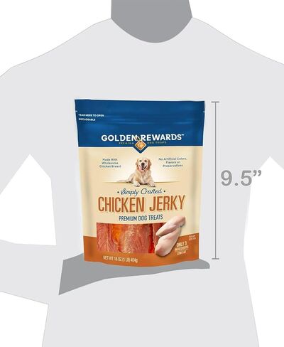 Golden|Rewards Chicken Jerky Dog Treats، كيس 16 أونصة، مصنوع من صدور الدجاج الصحية، قليل الدسم، خالي من الحبوب، بدون ألوان صناعية أو مواد حافظة، وجبة خفيفة ممتازة عالية البروتين للكلاب in Kuwait