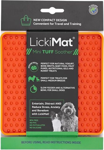 بساط تغذية صغير عصري للكلاب من LickiMat TUFF - جهاز تغذية بطيء متين، وسادة لعق مقاومة للمضغ لتخفيف القلق والإثراء (برتقالي، مهدئ) in Saudi Arabia