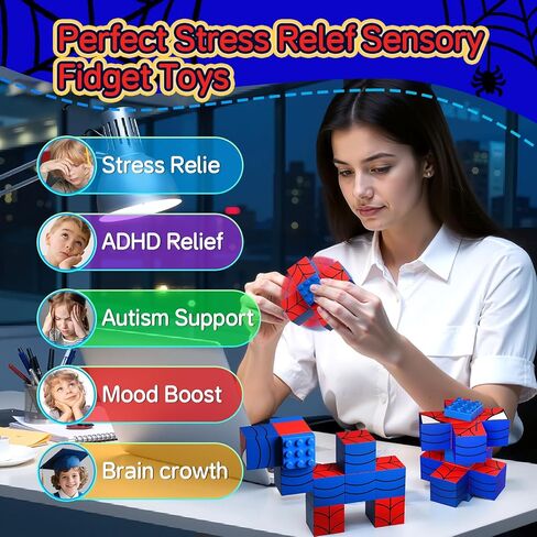 2 Pcs Spider Magnetic Fidget Spinner with 8 Blocks Toys, Spider Party Favors, Magnetic Building Cubes, STEM Sensory Stress Relief, Valentines Day Birthday Gifts for Kids 3-8 -14, Classroom Prize in Saudi Arabia