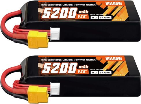 Hilldow 3S 5200mAh Lipo Battery 80C 11.1V RC حافظة ناعمة مع موصل XT60 لشاحنات السيارات RC بدون طيار RC (عبوتان) in Kuwait