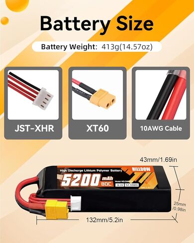 Hilldow 3S 5200mAh Lipo Battery 80C 11.1V RC حافظة ناعمة مع موصل XT60 لشاحنات السيارات RC بدون طيار RC (عبوتان) in Kuwait
