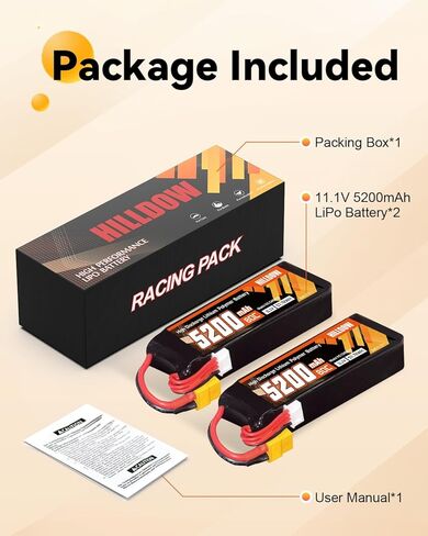 Hilldow 3S 5200mAh Lipo Battery 80C 11.1V RC حافظة ناعمة مع موصل XT60 لشاحنات السيارات RC بدون طيار RC (عبوتان) in Kuwait
