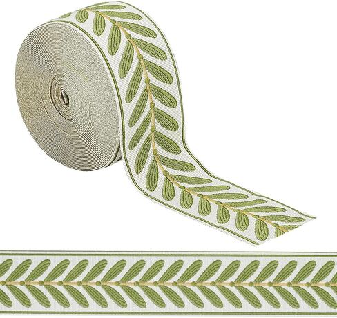 OLYCRAFT 10.9Yards Jacquard Ribbon Trim 2.4 Inch Leaf Pattern Jacquard Polyester Ribbons White Green Leaf Jacquard Woven Embroidery Trim for DIY Sewing Crafts Handmade Bag Belts Clothing Decoration in Saudi Arabia