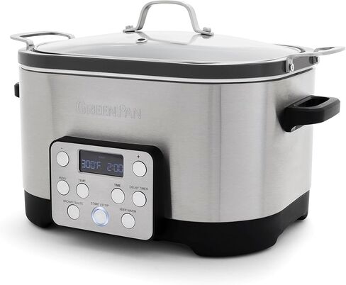 GreenPan Electric 6QT Slow Cooker with Lid, Ceramic Nonstick PFAS-Free Removable Pot, 5-in-1 Multifunction Design, In-Pot-Browning, Keep Warm, Dishwasher & Oven Safe Inner Bowl, Stainless Steel in Kuwait