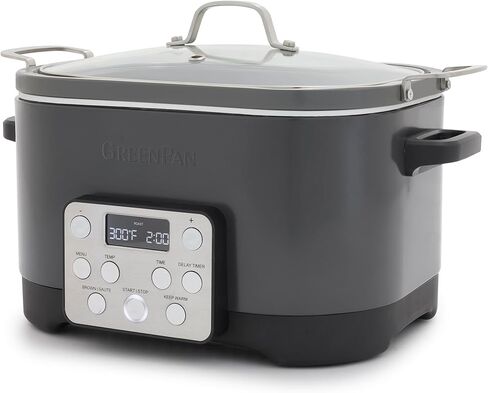 GreenPan Electric 6QT Slow Cooker with Lid, Ceramic Nonstick PFAS-Free Removable Pot, 5-in-1 Multifunction Design, In-Pot-Browning, Keep Warm, Dishwasher & Oven Safe Inner Bowl, Stainless Steel in Kuwait