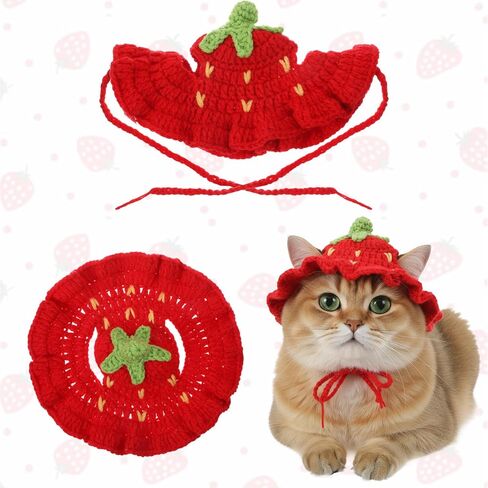 Strawberry Cat Hat Soft Polyester Cartoon Design Knit Cute Dog Hat Rabbit Hats Halloween Christmas Party Costume Head Wear Accessories for Puppy Cat Kitten Small Dogs Small Animals Pets Red (M) in Saudi Arabia