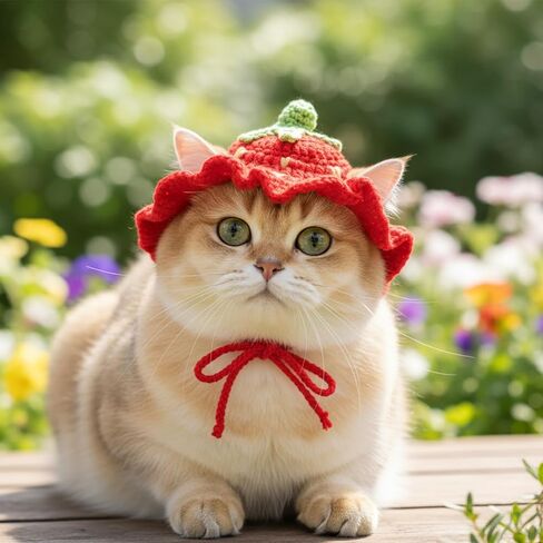 Strawberry Cat Hat Soft Polyester Cartoon Design Knit Cute Dog Hat Rabbit Hats Halloween Christmas Party Costume Head Wear Accessories for Puppy Cat Kitten Small Dogs Small Animals Pets Red (M) in Saudi Arabia
