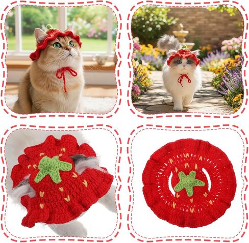 Strawberry Cat Hat Soft Polyester Cartoon Design Knit Cute Dog Hat Rabbit Hats Halloween Christmas Party Costume Head Wear Accessories for Puppy Cat Kitten Small Dogs Small Animals Pets Red (M) in Saudi Arabia