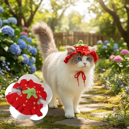 Strawberry Cat Hat Soft Polyester Cartoon Design Knit Cute Dog Hat Rabbit Hats Halloween Christmas Party Costume Head Wear Accessories for Puppy Cat Kitten Small Dogs Small Animals Pets Red (M) in Saudi Arabia