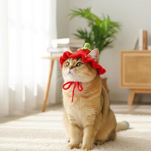 Strawberry Cat Hat Soft Polyester Cartoon Design Knit Cute Dog Hat Rabbit Hats Halloween Christmas Party Costume Head Wear Accessories for Puppy Cat Kitten Small Dogs Small Animals Pets Red (M) in Saudi Arabia