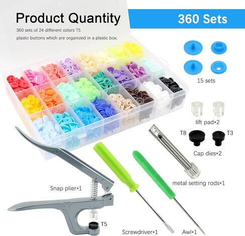 360 Sets T5 Plastic Snap Buttons with Snap Pliers Set 24 Colors Snap Fasteners Buttons Setter Tool Kit for Sewing Crafting Clothes Fabric DIY (with Tools) in Kuwait