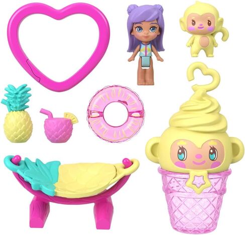 Polly Pocket Dolls and Playset, Pineapple Monkey Compact, Travel Toy with 1 Micro Doll, Pet, Hammock, Fruit Themed Accessories in Saudi Arabia