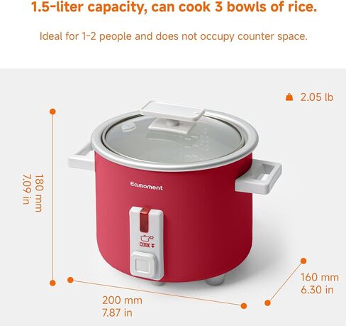 جهاز طهي الأرز الصغير سعة 1.5 لتر مع وعاء غير لاصق قابل للإزالة، صانع الأرز المحمول مع وظيفة الحفاظ على الدفء مناسب لشخص أو شخصين، أحمر in Kuwait