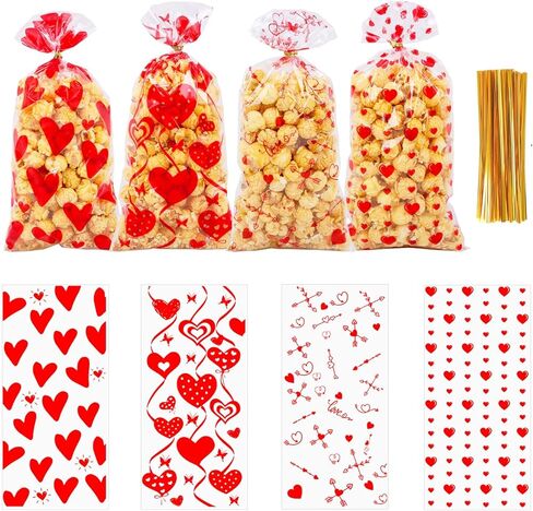 WRSION 120 PCS Valentines Treat Bags, Valentines Gift Bags, Valentine's Day Cellophane Bags, 4 Styles Red Heart Valentines Goodie Bags with 140 PCS Gold Twist Ties for Valentines Party Wedding Favor Supplies - 10.6 x 5.1 Inch in Saudi Arabia