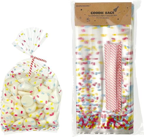EKAPACKAGING 50Pcs 4x9.5 Inches Heart Pattern Side Gusseted Treat Bags with Ties, Clear Pink Cellophane Bags for Cookies & Pretzel Rods, Valentine's Day Goodie Bags for Small Gifts in Saudi Arabia