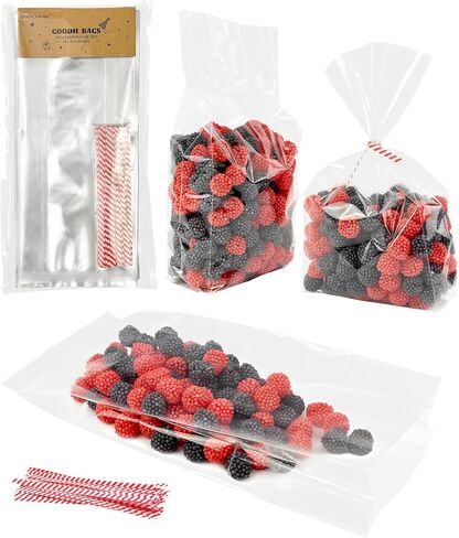 EKAPACKAGING 50Pcs 4x9.5 Inches Heart Pattern Side Gusseted Treat Bags with Ties, Clear Pink Cellophane Bags for Cookies & Pretzel Rods, Valentine's Day Goodie Bags for Small Gifts in Saudi Arabia