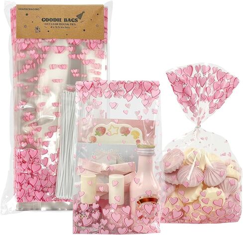 EKAPACKAGING 50Pcs 4x9.5 Inches Heart Pattern Side Gusseted Treat Bags with Ties, Clear Pink Cellophane Bags for Cookies & Pretzel Rods, Valentine's Day Goodie Bags for Small Gifts in Saudi Arabia