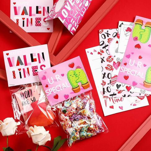 Zonon 54 Pieces Valentine's Day Candy Cello Bags Plastic Treat Bags Self-adhesive Goodies Sacks Valentine Party Favor Sacks with 54 Pieces Toppers Baking Wrapping Pouch for Boy Girl Party Supplies in Saudi Arabia