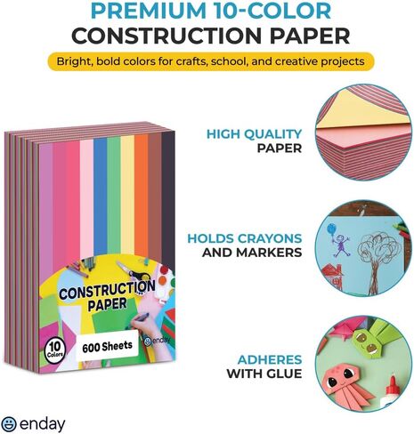 Construction Paper Assorted Colors, (600 Sheets) 10 Bright Colors, 9"x12" Bulk Craft Paper, Standard Weight Construction Paper, Color Paper for Kids Arts & Crafts and School Projects, by Enday in Saudi Arabia