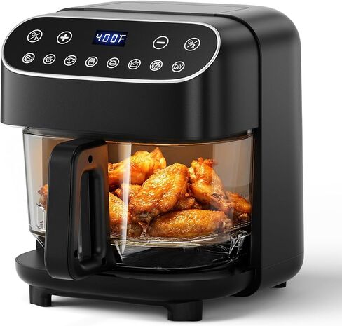 WAA 8-in-1 High Borosilicate Glass Air Fryer,Roast,Reheat,Dehydrate,Fries,PFSA-Free and Non-Coated,4.5QT Non-Toxic Compact Air Fryer,400F Max Temp,Visible Window,Dishwasher-Safe Parts in Saudi Arabia