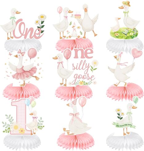 9Pcs One Silly Goose Birthday Decoration Girls Pink White Silly Goose Birthday Honeycomb Centerpieces Silly Goose Theme Party Decor for 1st Birthday Baby Shower Party Supplies Gender Reveal in Saudi Arabia