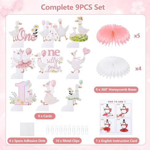 9Pcs One Silly Goose Birthday Decoration Girls Pink White Silly Goose Birthday Honeycomb Centerpieces Silly Goose Theme Party Decor for 1st Birthday Baby Shower Party Supplies Gender Reveal in Saudi Arabia