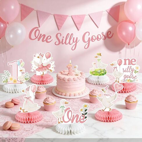 9Pcs One Silly Goose Birthday Decoration Girls Pink White Silly Goose Birthday Honeycomb Centerpieces Silly Goose Theme Party Decor for 1st Birthday Baby Shower Party Supplies Gender Reveal in Saudi Arabia