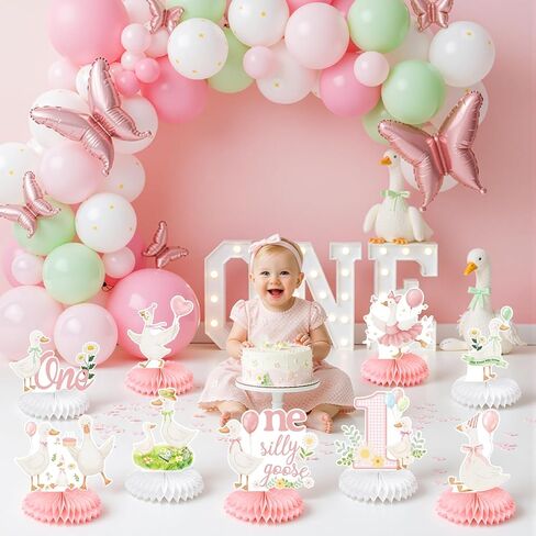 9Pcs One Silly Goose Birthday Decoration Girls Pink White Silly Goose Birthday Honeycomb Centerpieces Silly Goose Theme Party Decor for 1st Birthday Baby Shower Party Supplies Gender Reveal in Saudi Arabia