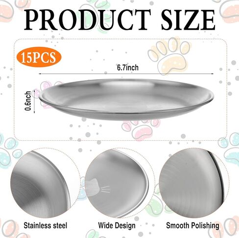 Domensi 15 Pieces Stainless Steel Cat Bowls Beard Friendly, 6.7 Inch Wide and Shallow Cat Food Dish Wet Feeding Bowls Flat Pet Dish Small Pet Plate for Kittens Ferrets Stray in Saudi Arabia