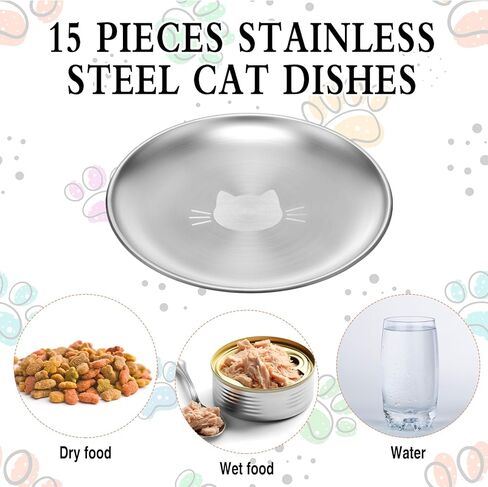 Domensi 15 Pieces Stainless Steel Cat Bowls Beard Friendly, 6.7 Inch Wide and Shallow Cat Food Dish Wet Feeding Bowls Flat Pet Dish Small Pet Plate for Kittens Ferrets Stray in Saudi Arabia