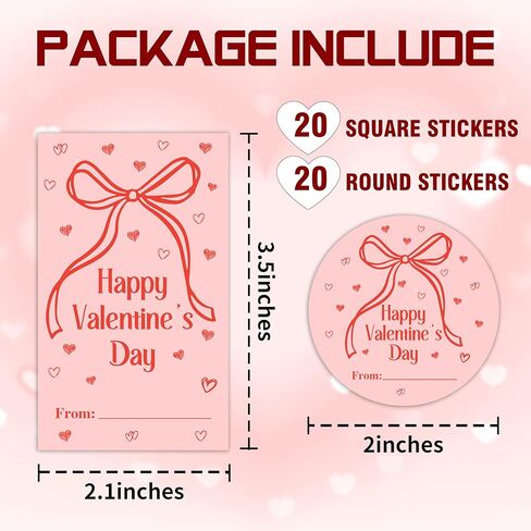 40 PCS Valentine's Day Stickers - Bow Self Adhesive Round & Rectangle Label for Kids Adults - Happy Valentine's Day - Valentines Sticker Tag for Gift Wrap Envelope Card Party Decor - A03 in Saudi Arabia
